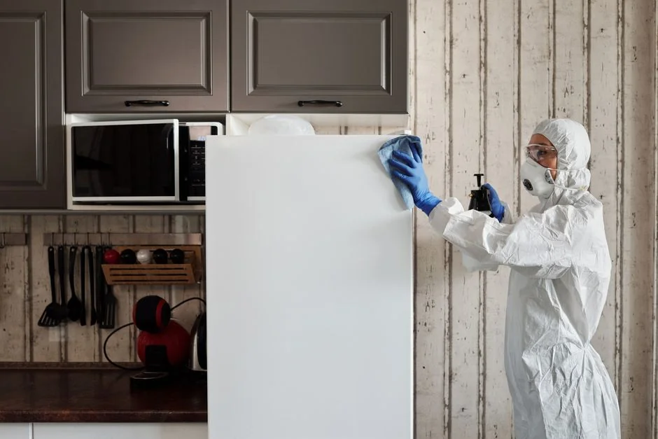 A hand wearing a yellow rubber glove holds a red and white spray bottle against a neutral background.